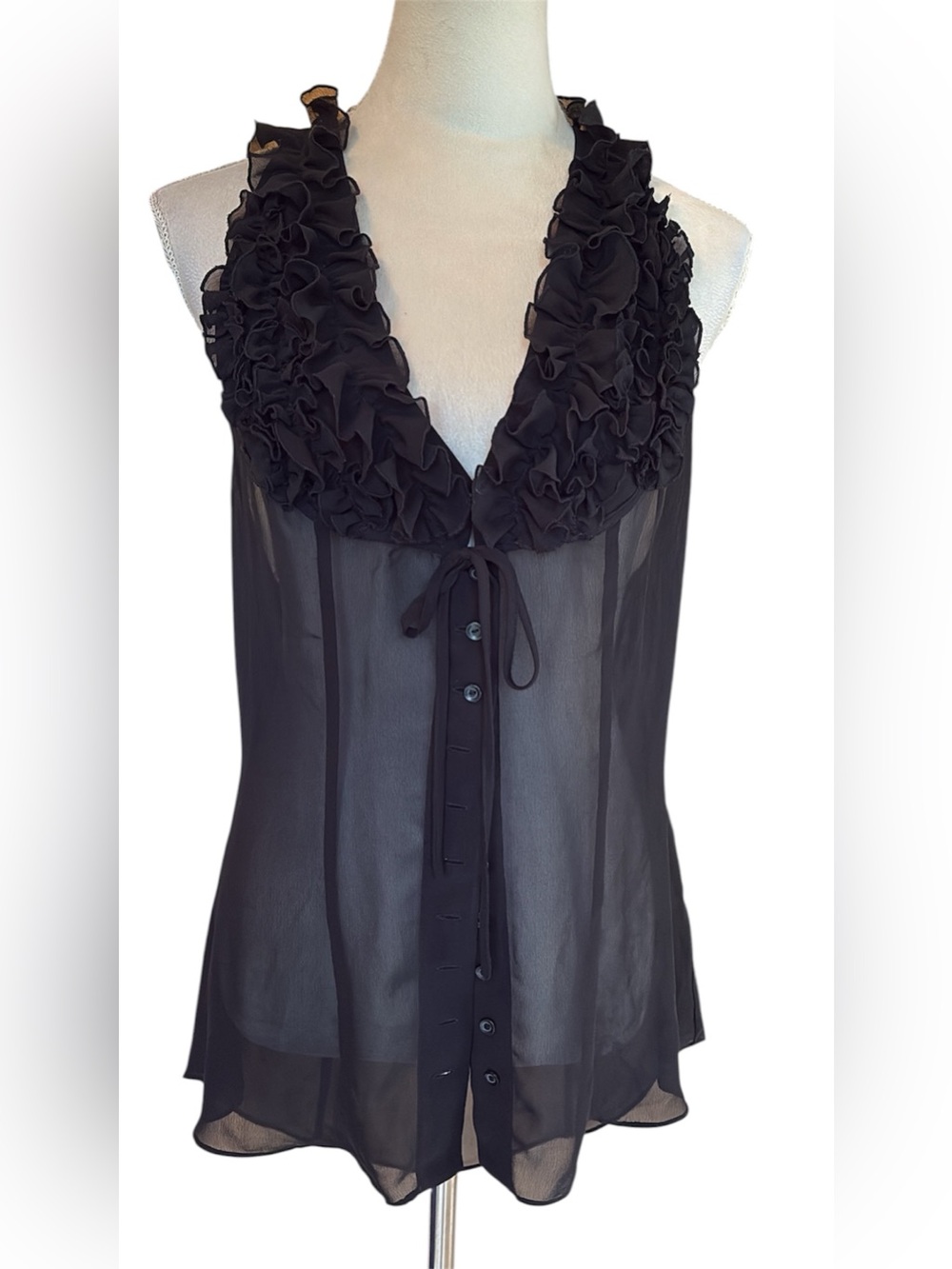 Y2K DM NEW YORK Black Ruffled V-Neck Sheer Haltered Whimsygoth Tank Top